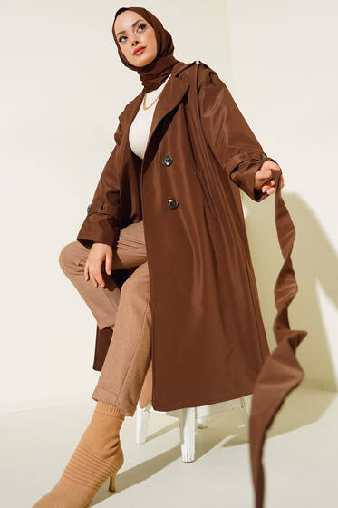 Omuz Apoletli Oversize Trençkot Kahve - Trençkot Kadın