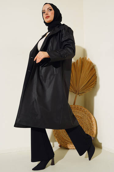 Omuz Apoletli Oversize Trençkot Siyah - Trençkot Kadın
