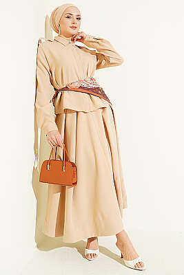 Omuz Apoletli Pileli Etekli İkili Takım Bej 