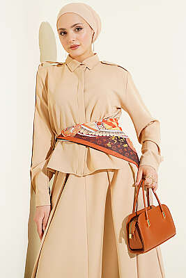 Omuz Apoletli Pileli Etekli İkili Takım Bej - İkili Takım