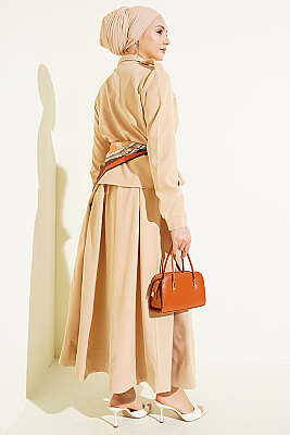 Omuz Apoletli Pileli Etekli İkili Takım Bej - İkili Takım