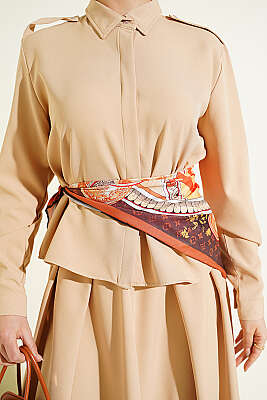 Omuz Apoletli Pileli Etekli İkili Takım Bej - İkili Takım