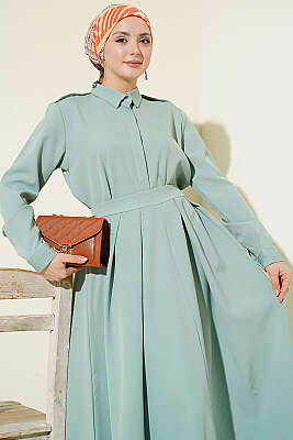 Omuz Apoletli Pileli Etekli İkili Takım Çağla Yeşili - İkili Takım