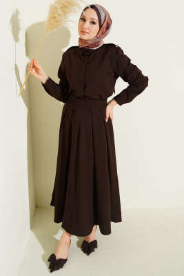 Omuz Apoletli Pileli Etekli İkili Takım Kahve - HATUN