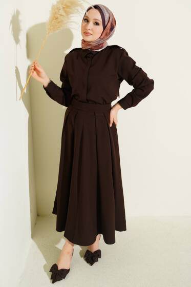 Omuz Apoletli Pileli Etekli İkili Takım Kahve - İkili Takım