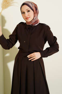 Omuz Apoletli Pileli Etekli İkili Takım Kahve - İkili Takım