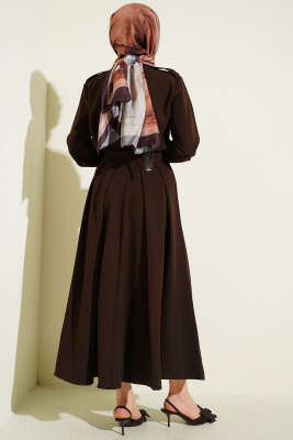 Omuz Apoletli Pileli Etekli İkili Takım Kahve - İkili Takım