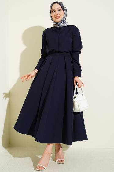 Omuz Apoletli Pileli Etekli İkili Takım Lacivert - İkili Takım