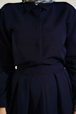 Omuz Apoletli Pileli Etekli İkili Takım Lacivert - İkili Takım