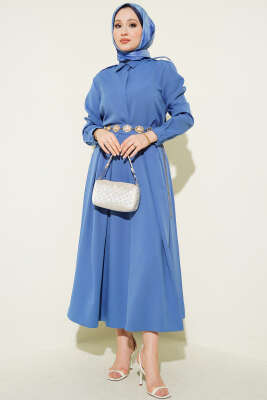 Omuz Apoletli Pileli Etekli İkili Takım Mavi - HATUN