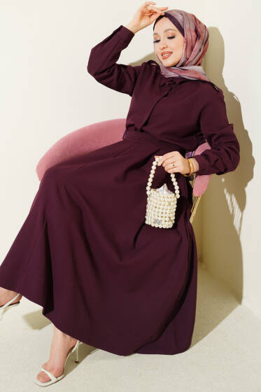 Omuz Apoletli Pileli Etekli İkili Takım Mürdüm - İkili Takım