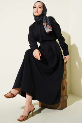 Omuz Apoletli Pileli Etekli İkili Takım Siyah - HATUN