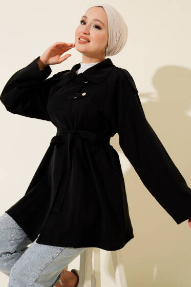 Omuz Apoletli Tensel Trençkot Siyah - Trençkot