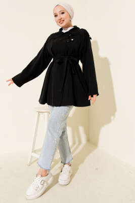 Omuz Apoletli Tensel Trençkot Siyah - Trençkot
