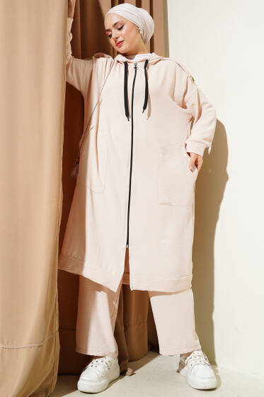 Omuz Apoletli Uzun Hırkalı Ayrobin İkili Takım Bej - İKİLİ TAKIM