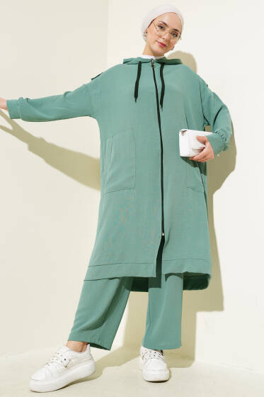 Omuz Apoletli Uzun Hırkalı Ayrobin İkili Takım Çağla Yeşili - İKİLİ TAKIM
