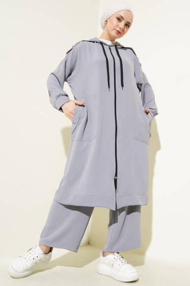 Omuz Apoletli Uzun Hırkalı Ayrobin İkili Takım Gri - İKİLİ TAKIM