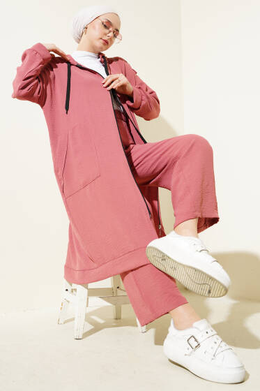 Omuz Apoletli Uzun Hırkalı Ayrobin İkili Takım Gül Kurusu - İKİLİ TAKIM