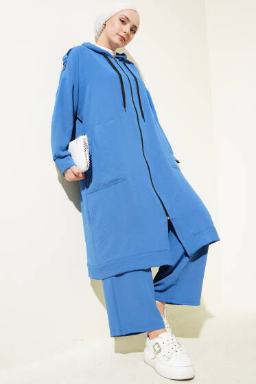 Omuz Apoletli Uzun Hırkalı Ayrobin İkili Takım İndigo - İKİLİ TAKIM