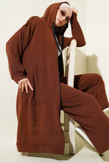 Omuz Apoletli Uzun Hırkalı Ayrobin İkili Takım Kahve - İKİLİ TAKIM