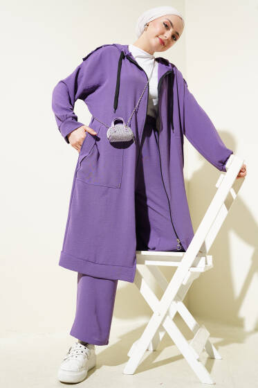 Omuz Apoletli Uzun Hırkalı Ayrobin İkili Takım Lila - İKİLİ TAKIM