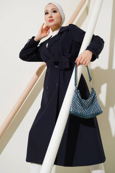 Omuz Apoletli Yırtmaç Detaylı Trençkot Lacivert - Trençkot