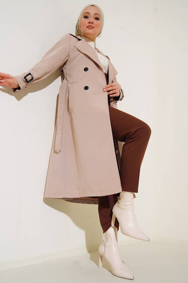 Omuz Apoletli Yırtmaçlı Trençkot Bej - Trençkot