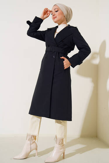 Omuz Apoletli Yırtmaçlı Trençkot Siyah - Trençkot