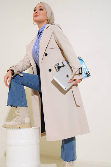 Omuz Apoletli Yırtmaçlı Trençkot Taş - Trençkot