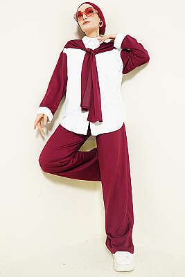 Omuz Atkı Detaylı Loyşa İkili Takım Bordo 