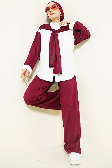 Omuz Atkı Detaylı Loyşa İkili Takım Bordo - İkili Takım