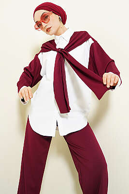 Omuz Atkı Detaylı Loyşa İkili Takım Bordo - İkili Takım