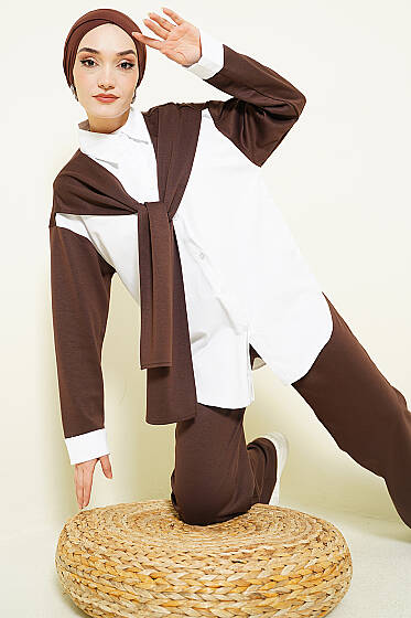 Omuz Atkı Detaylı Loyşa İkili Takım Kahve - İkili Takım