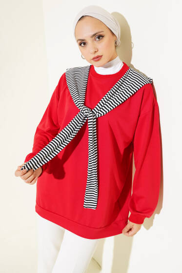 Omuz Atkı Görünümlü Tunik Kırmızı - Tunik