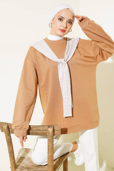 Omuz Atkı Görünümlü Tunik Latte - Tunik