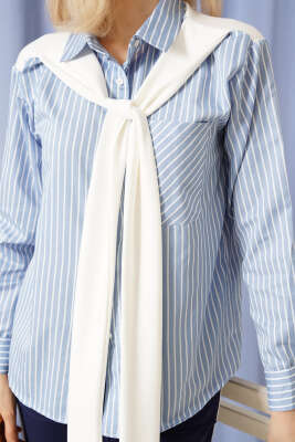 Omuz Atkılı Çizgili Gömlek Mavi - Kadın Giyim Modelleri