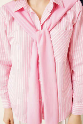 Omuz Atkılı Çizgili Gömlek Pembe - Kadın Giyim Modelleri