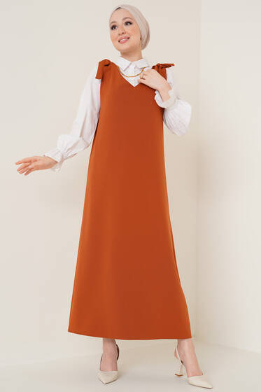 Omuz Bağlamalı Jile Elbise Taba - Tesettür Elbise