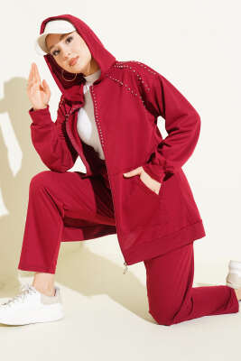 Omuz Boncuk Süslemeli İkili Takım Bordo - NESSİA