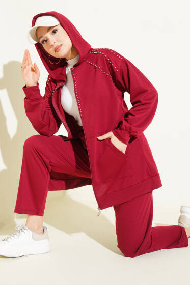 Omuz Boncuk Süslemeli İkili Takım Bordo - İkili Takım