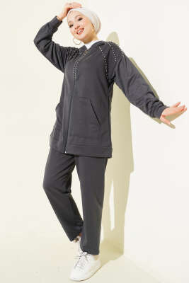 Omuz Boncuk Süslemeli İkili Takım Füme - NESSİA