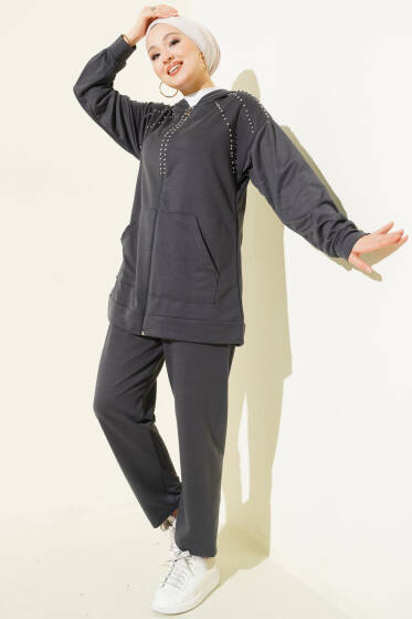 Omuz Boncuk Süslemeli İkili Takım Füme - İkili Takım