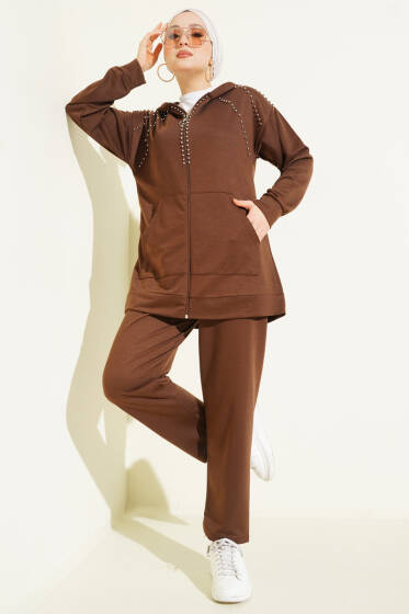 Omuz Boncuk Süslemeli İkili Takım Kahve - İkili Takım