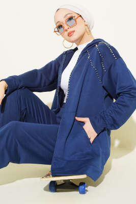 Omuz Boncuk Süslemeli İkili Takım Lacivert - NESSİA