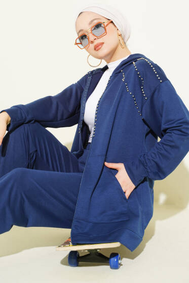 Omuz Boncuk Süslemeli İkili Takım Lacivert - İkili Takım