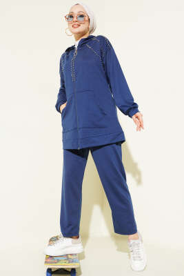 Omuz Boncuk Süslemeli İkili Takım Lacivert - İkili Takım