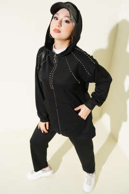 Omuz Boncuk Süslemeli İkili Takım Siyah - NESSİA