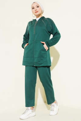 Omuz Boncuk Süslemeli İkili Takım Zümrüt - NESSİA