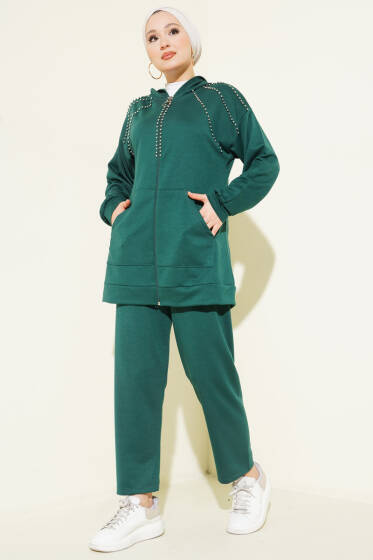 Omuz Boncuk Süslemeli İkili Takım Zümrüt - İkili Takım