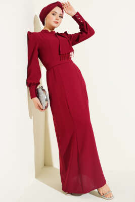 Omuz Boncuklu Kuşaklı Abiye Elbise Bordo - ARANLI TEKSTİL